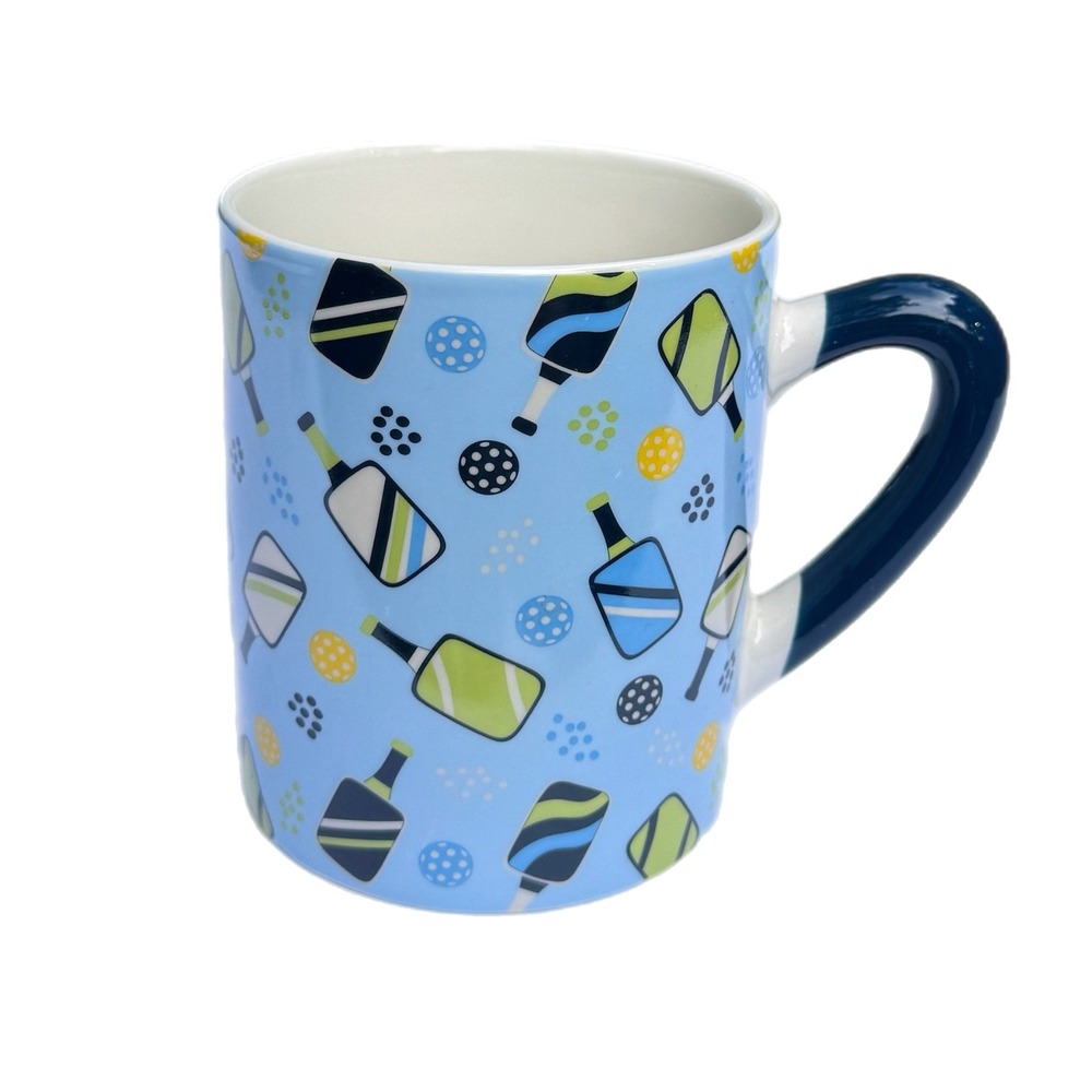 Pickleball Paddle Pattern Ceramic Coffee Mug Blue Green Sport Gift Cup